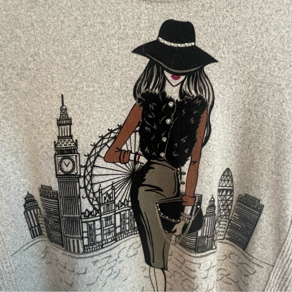 Gray Crew Neck Sweater with Cityscape Graphic - Picture 2 of 4